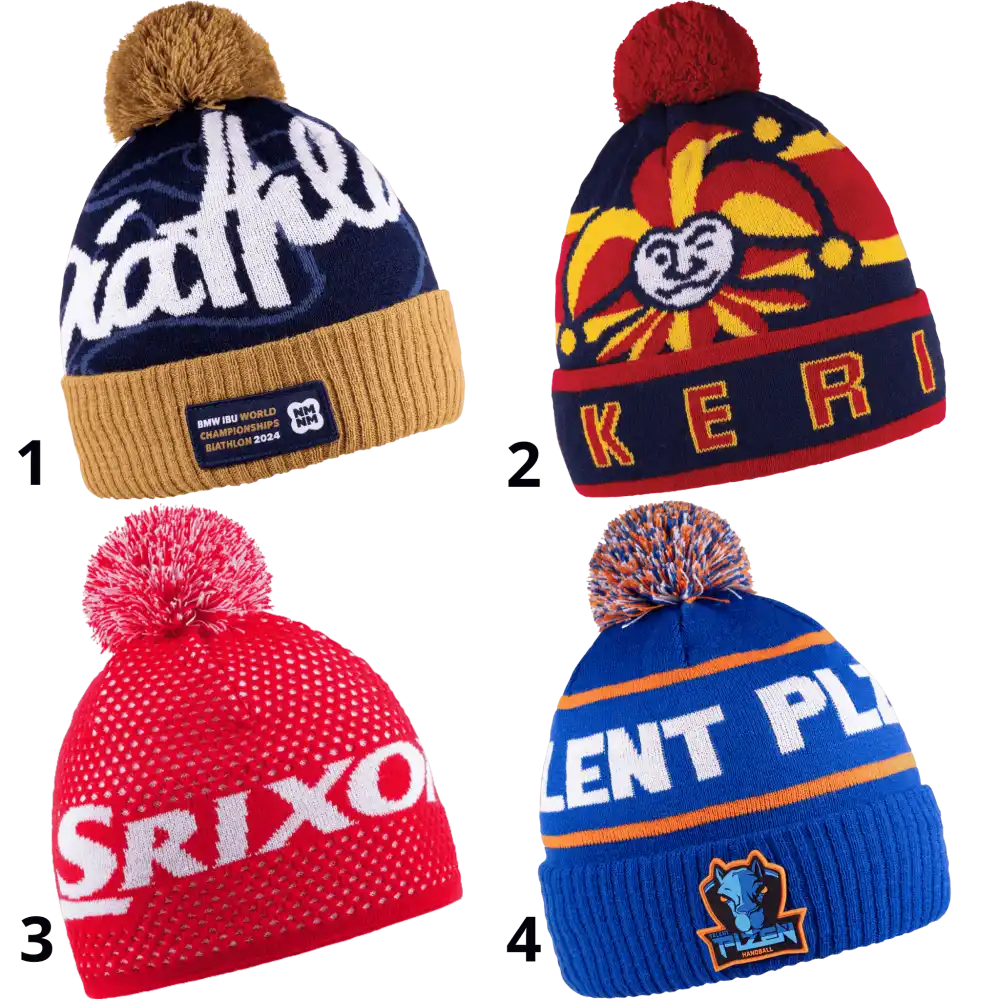 Esimerkkejä sisäänkudotuista logoista ja kuvioista (jacquard-neulos) kustomoiduissa fanipipoissa