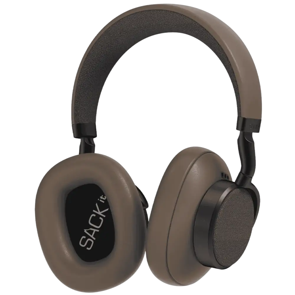 Lähikuva ruskeista SACKit Touch 400 -kuulokkeiden korvakupista ja Kvadrat Revive -kankaasta