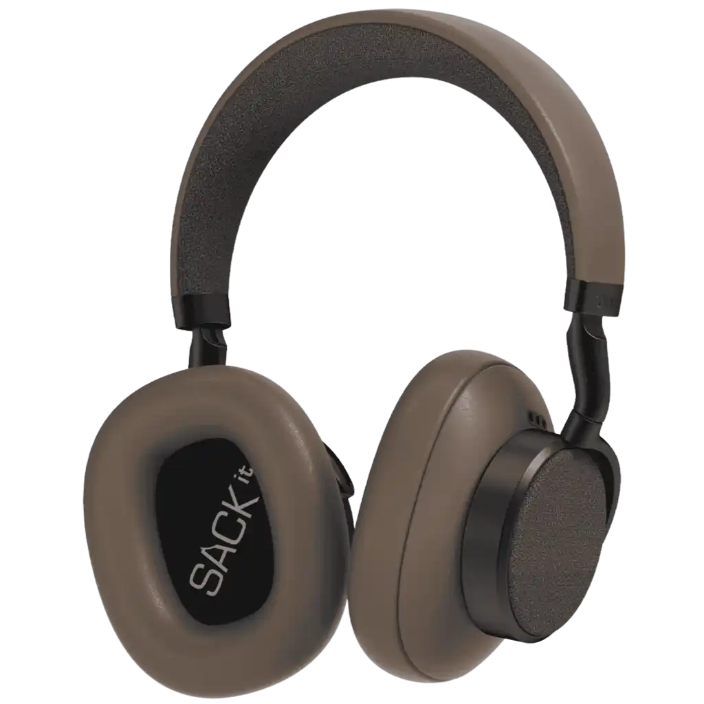 Lähikuva ruskeista SACKit Touch 400 -kuulokkeiden korvakupista ja Kvadrat Revive -kankaasta