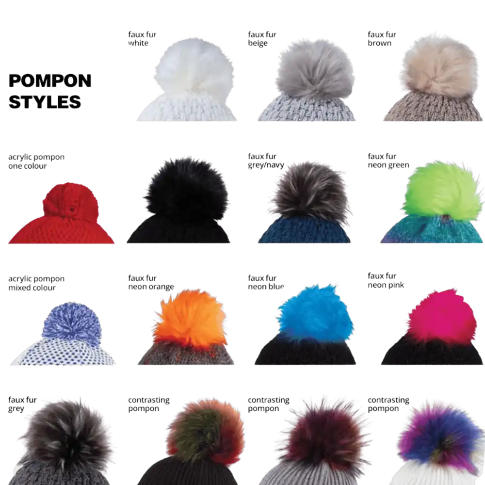 Valikoima erilaisia tupsuja kustomoituihin pipoihin, kuten akryyli- ja tekokarvatupsuja