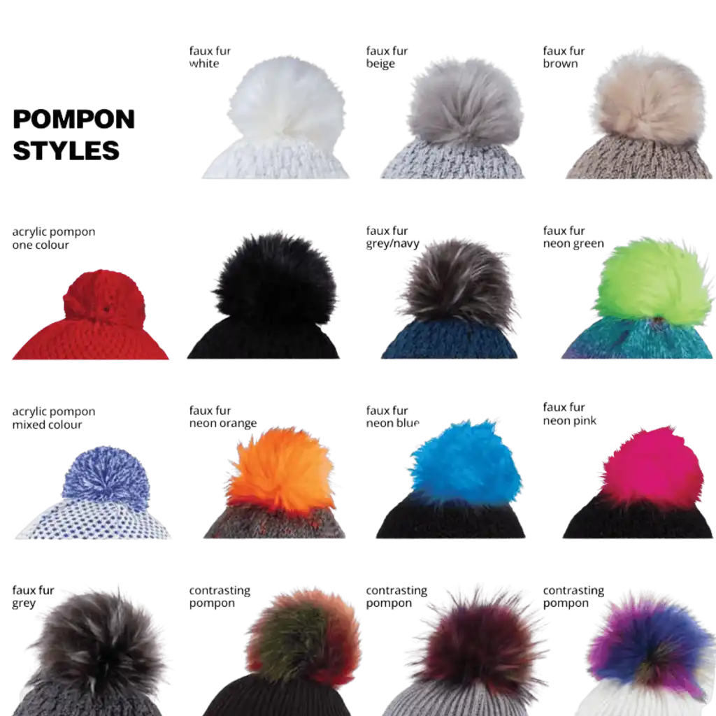 Valikoima erilaisia tupsuja kustomoituihin pipoihin, kuten akryyli- ja tekokarvatupsuja