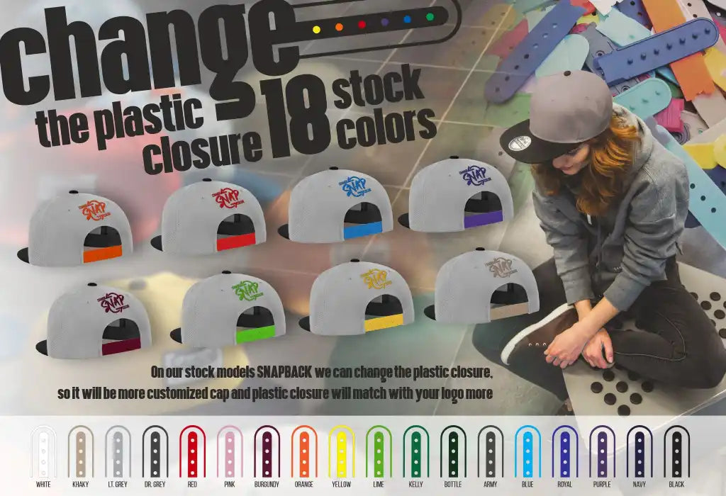 Esimerkki vaihdettavista 18 eri värisestä takakiinnikkeestä snapback melange lippalakkiin