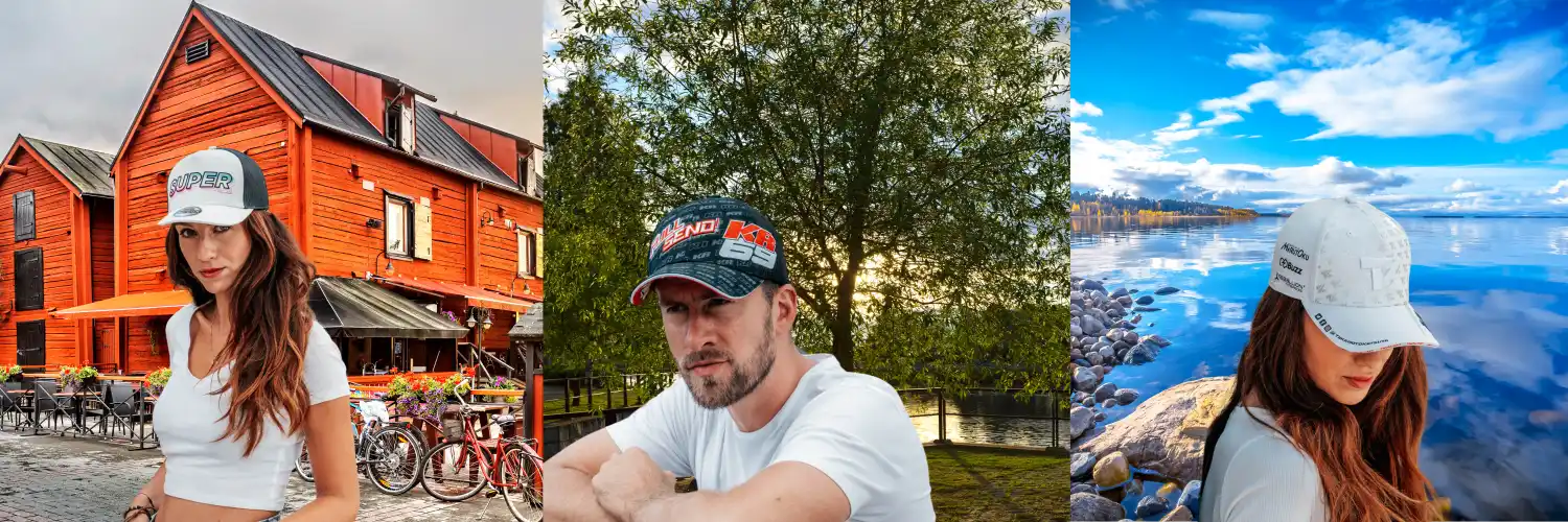 3 yhdistetyssÀ kuvavassa 2 naista ja 1 yksi mies lippalakit pÀÀssÀ.