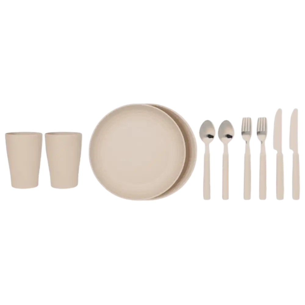 MONTECOOL-kylmÀlaukun kahden hengen ruokailuvÀlineet: lautaset, kupit, aterimet ja terÀsveitset