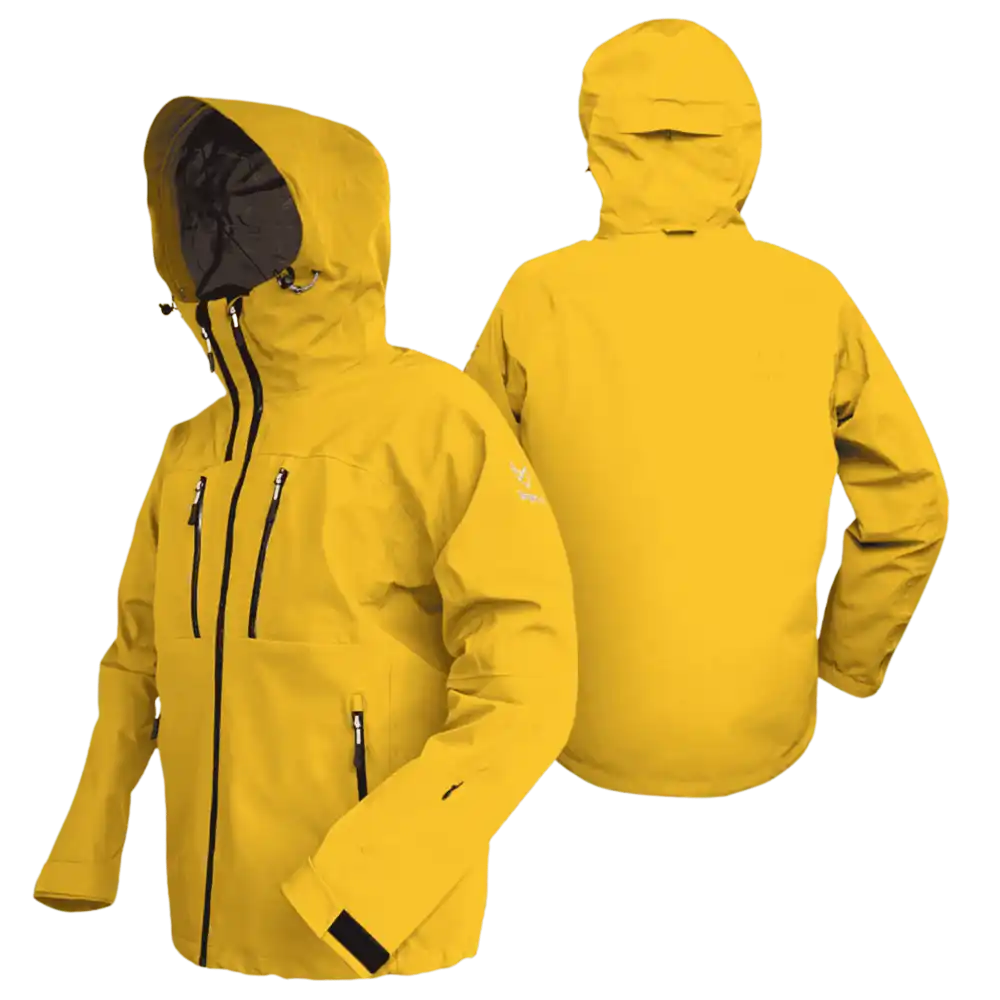 Keltainen Bright Equipment Enigma miesten 3-kerros kuoritakki edestä ja takaa, huppu ylhäällä