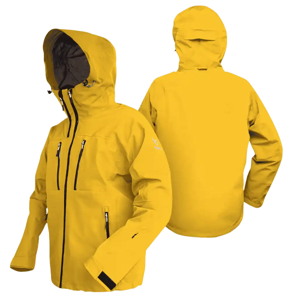 Keltainen Bright Equipment Enigma miesten 3-kerros kuoritakki edestä ja takaa, huppu ylhäällä