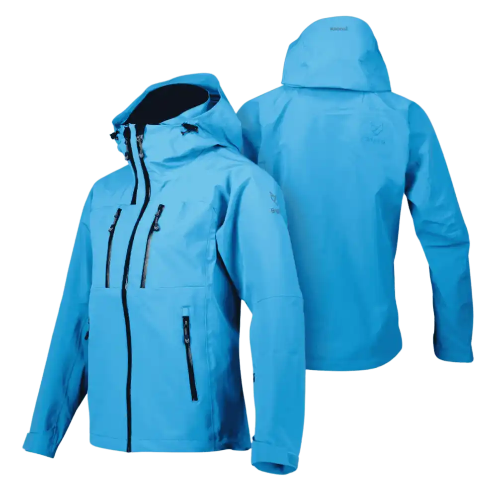 Kirkkaansininen Bright Equipment Enigma naisten kuoritakki edestĂ€ ja takaa, huppu ylhÀÀllĂ€ â tekninen ulkoilutakki yritys joululahjaksi