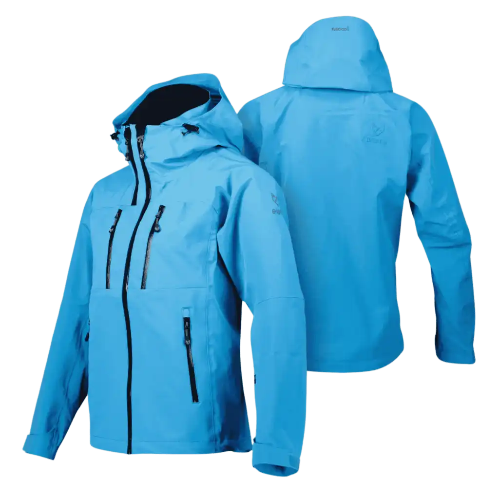 Kirkkaansininen Bright Equipment Enigma naisten kuoritakki edestä ja takaa, huppu ylhäällä – tekninen ulkoilutakki yritys joululahjaksi