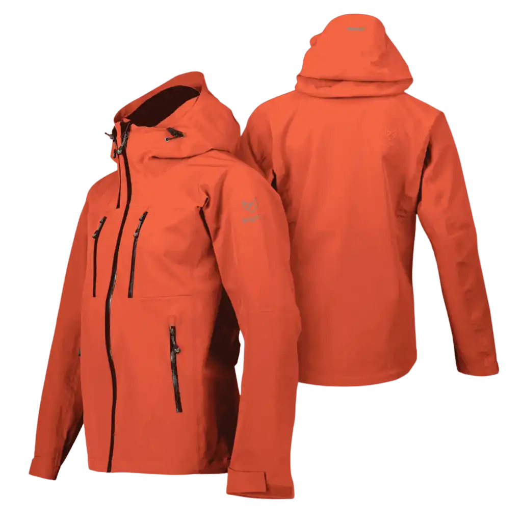 Tiilenpunainen Bright Equipment Enigma naisten kuoritakki edestä ja takaa, huppu ylhäällä – premium-joululahja