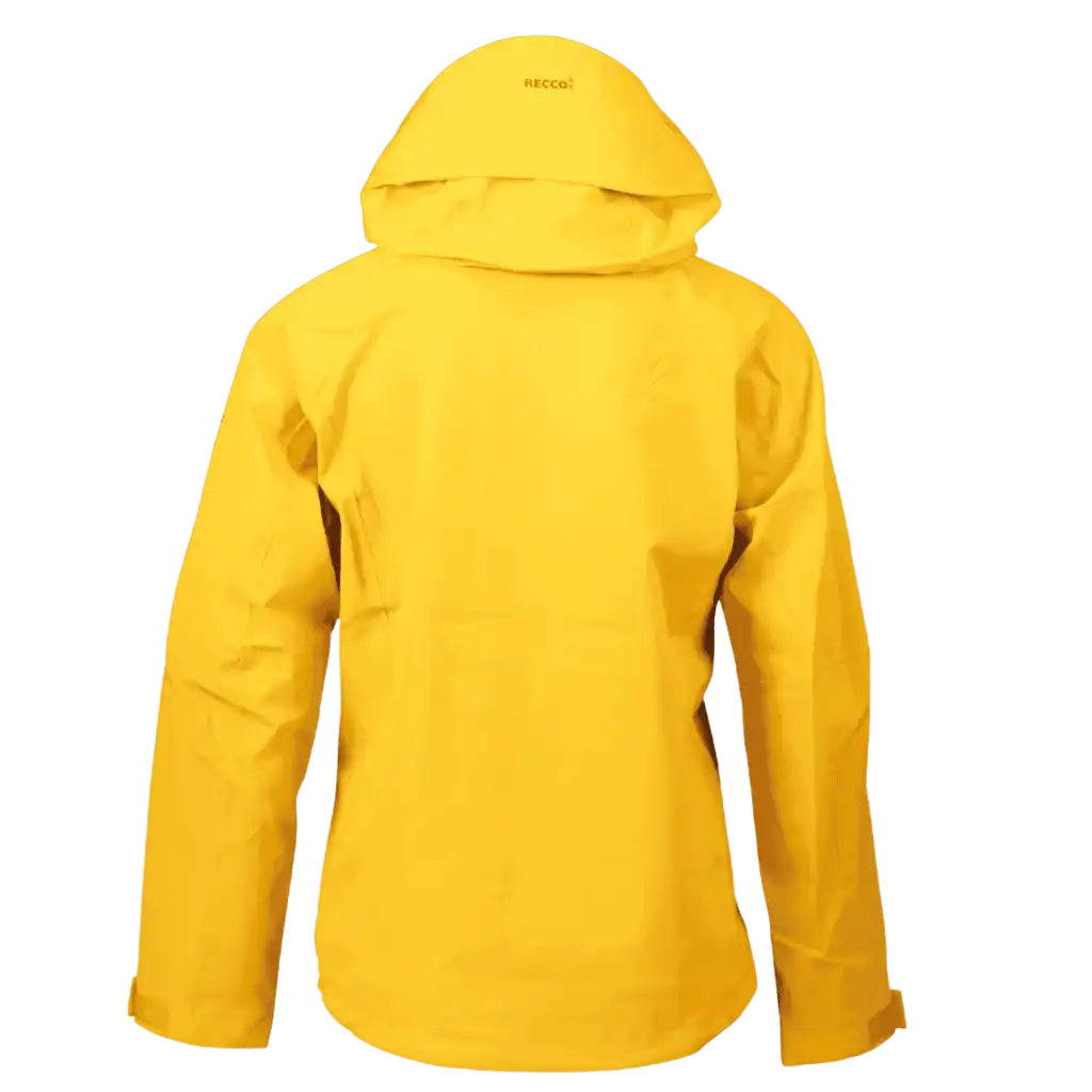Keltaisen Bright Equipment Enigma naisten kuoritakin selkäpuoli ja RECCO-heijastin, huppu ylhäällä