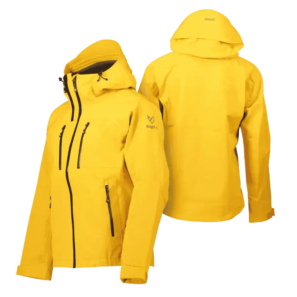 Keltainen Bright Equipment Enigma naisten kuoritakki edestĂ€ ja takaa, huppu ylhÀÀllĂ€ â vedenpitĂ€vĂ€ ja hengittĂ€vĂ€ henkilökunnan joululahja