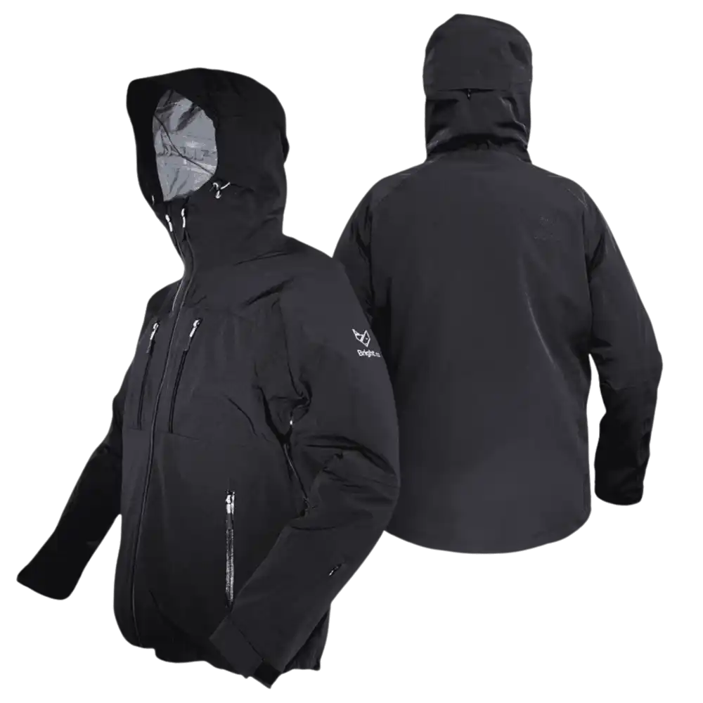 Musta Bright Equipment Enigma kuoritakki edestĂ€ ja takaa huppu ylhÀÀllĂ€ â premium-henkilöstölahja