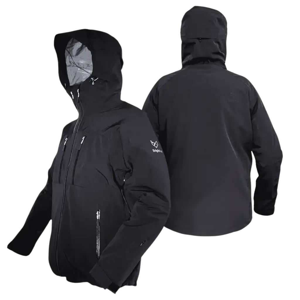 Musta Bright Equipment Enigma kuoritakki edestä ja takaa huppu ylhäällä – premium-henkilöstölahja