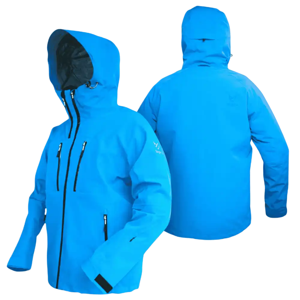 Kirkkaansininen Bright Equipment Enigma miesten kuoritakki (vedenpitÀvÀ) edestÀ ja takaa, huppu ylhÀÀllÀ