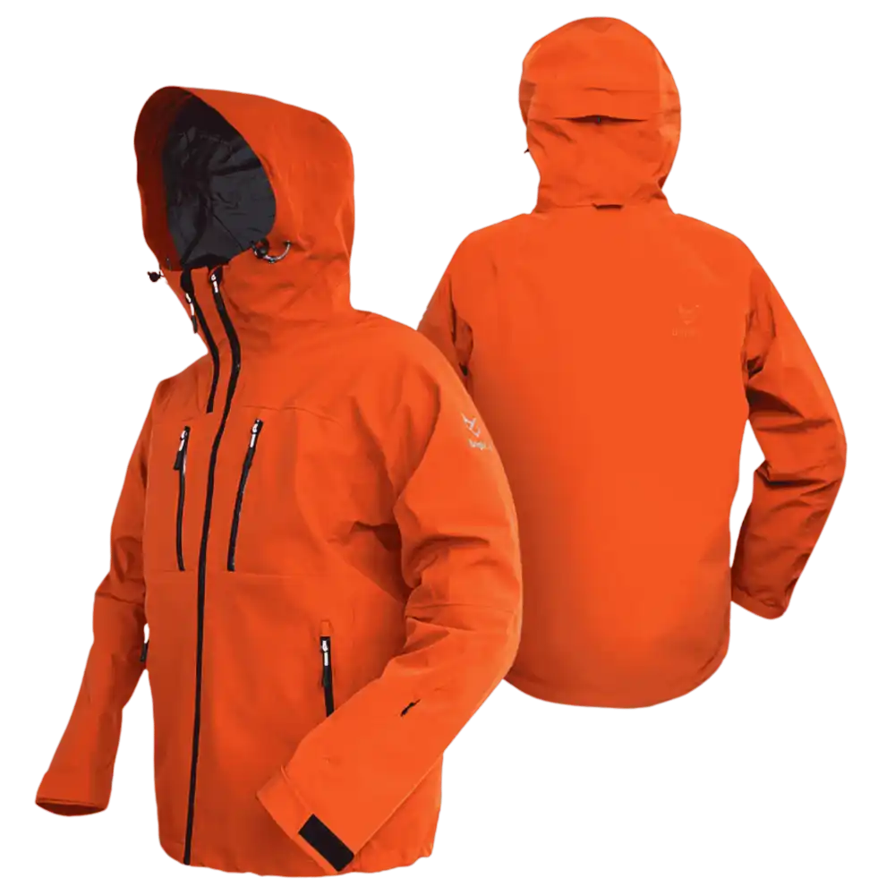 Tiilenpunainen Bright Equipment Enigma miesten kuoritakki (20k/20k) edestä ja takaa, huppu ylhäällä