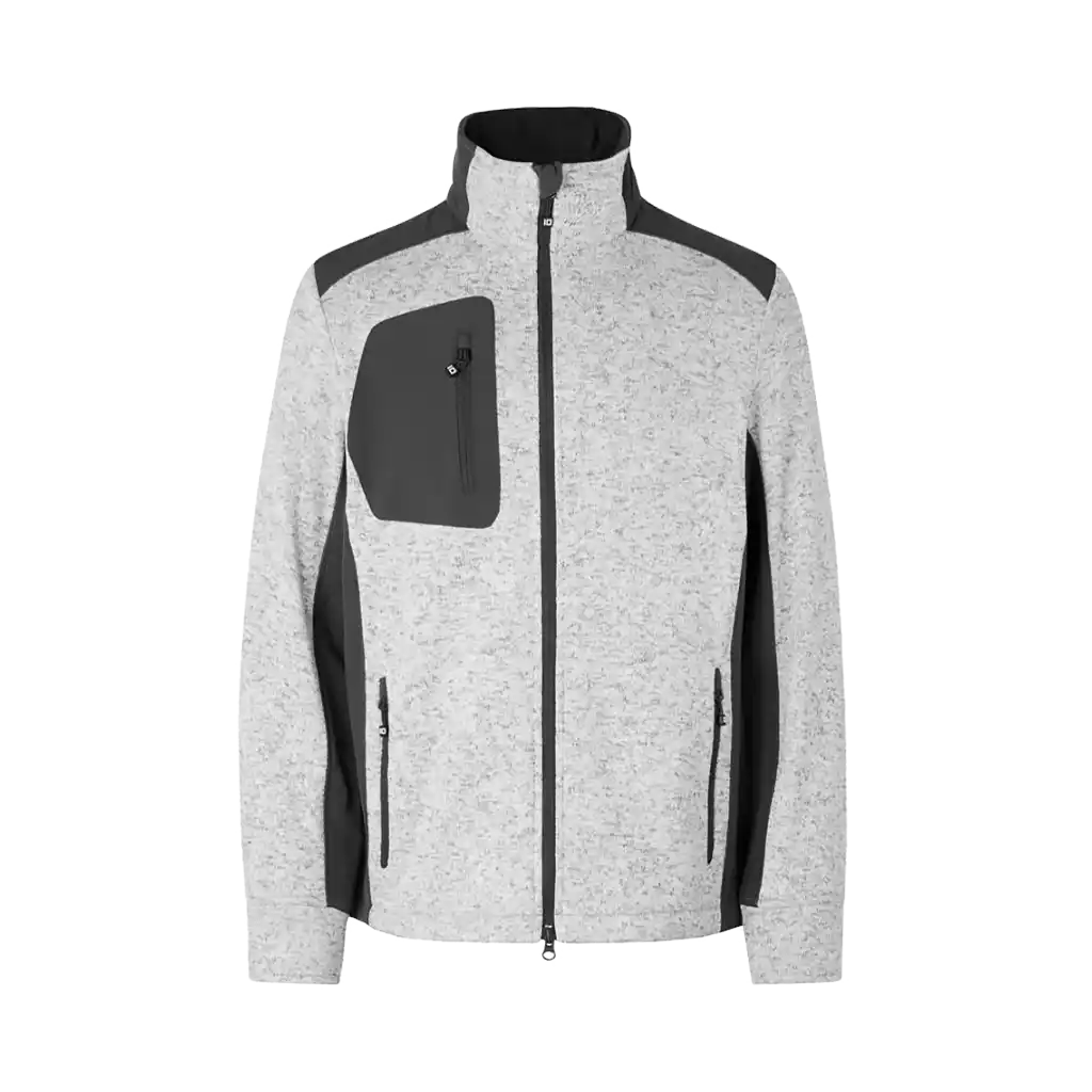 ID® Cardigan Knit Fleece 0850 edestä – harmaa neulottu fleecetakki vetoketjulla