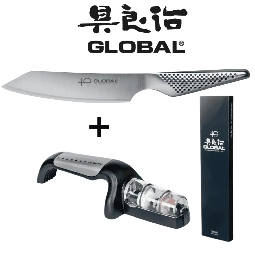 Global 40v juhlasetti sisÀltÀen GS-110 veitsen, G-91/SB teroittimen ja lahjapakkauksen