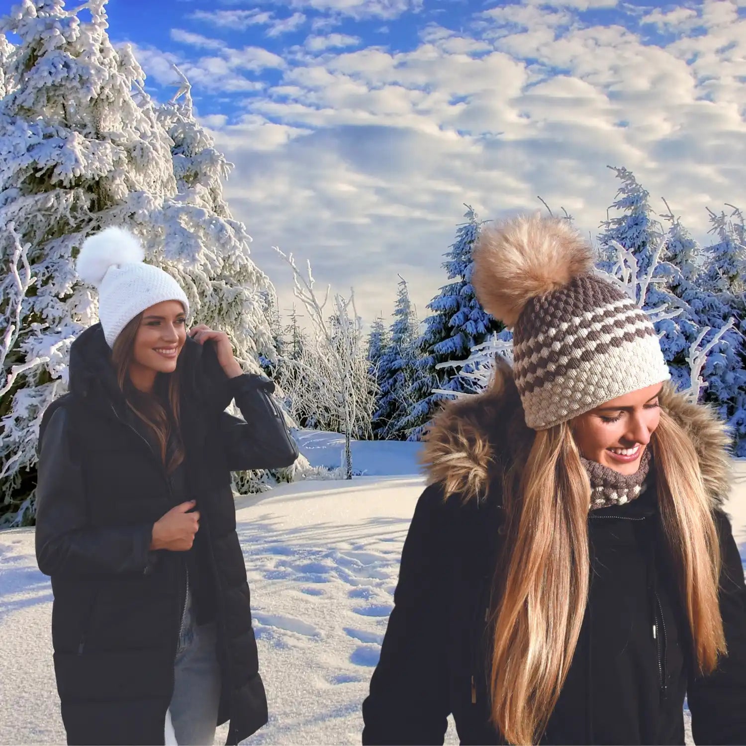 Kaksi ystÀvÀÀ nauttimassa lumisesta talvipÀivÀstÀ lÀmpimissÀ talvivaatteissa ja neulotut hatut pÀÀssÀÀn.