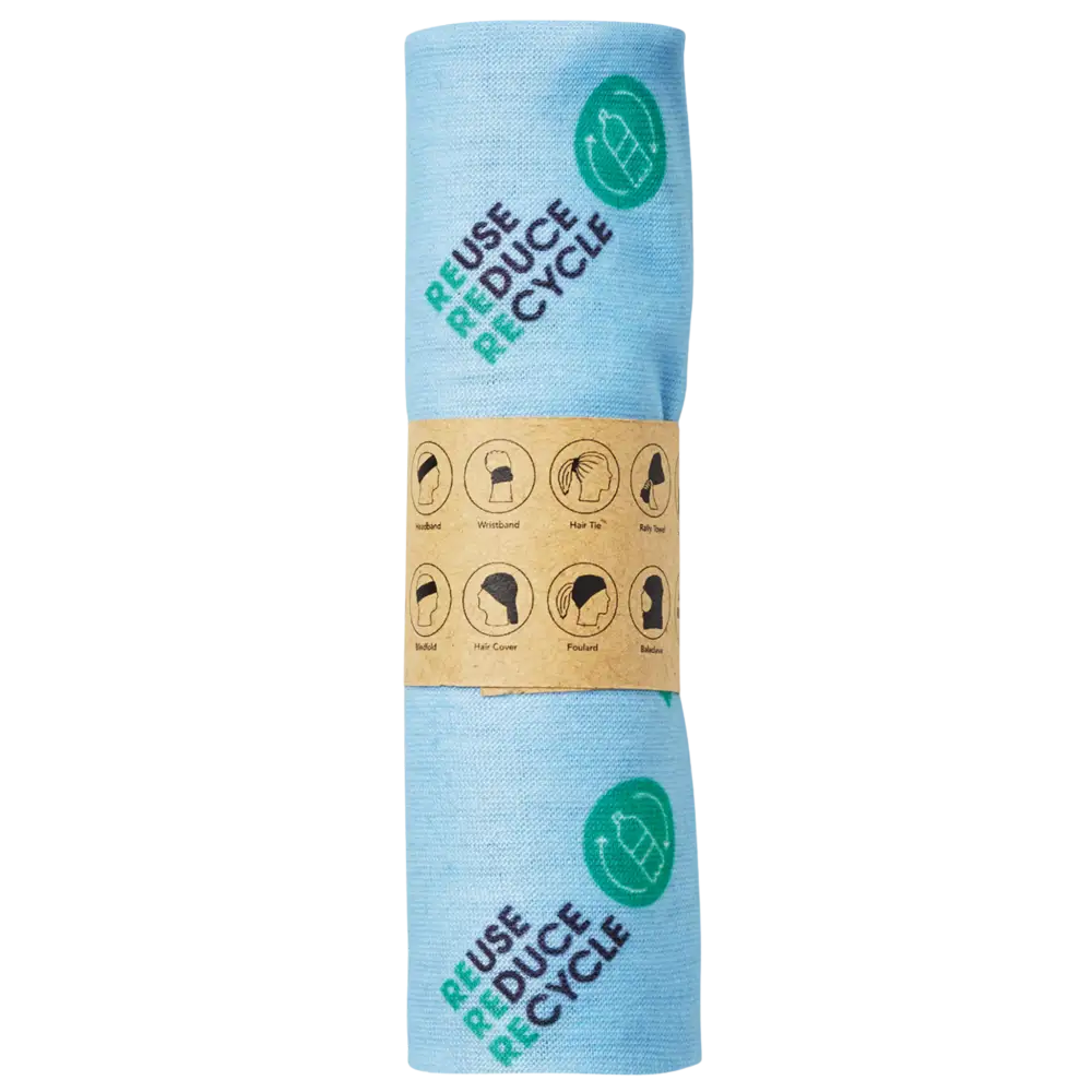 RPET-tuubihuivi pakattuna paperikääreeseen omalla logopainatuksella.