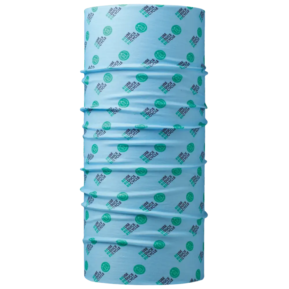 Ekologinen RPET-tuubihuivi kustomoidulla logokuosilla painettuna.