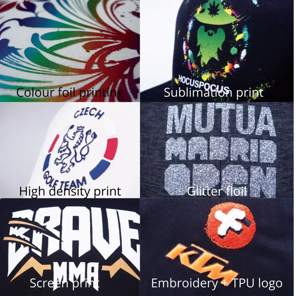 Esimerkkejä erilaisista logo painotekniikoista custom lippiksiin