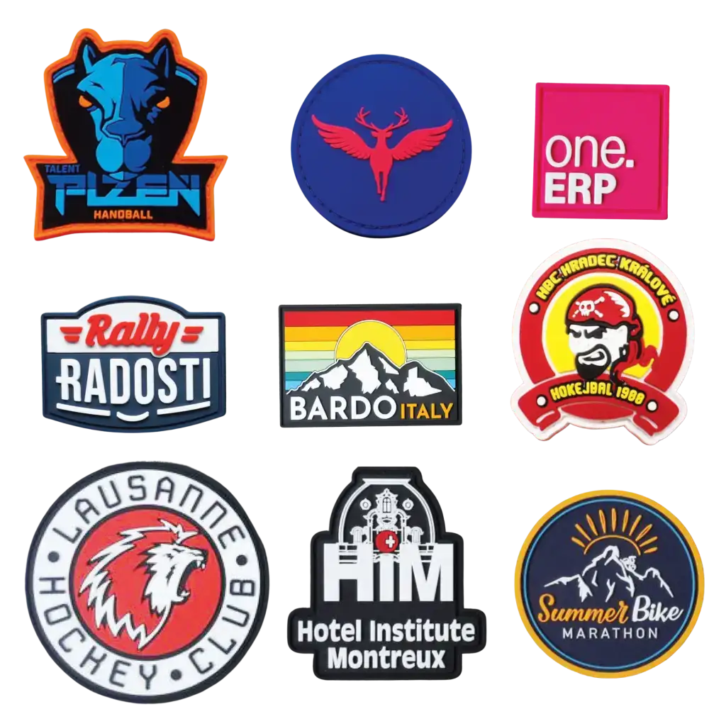 Esimerkkejä kumimerkeistä (rubber badges) kustomoiduissa lippiksissä. Avuksi suunnittelemaan oma custom lippis.