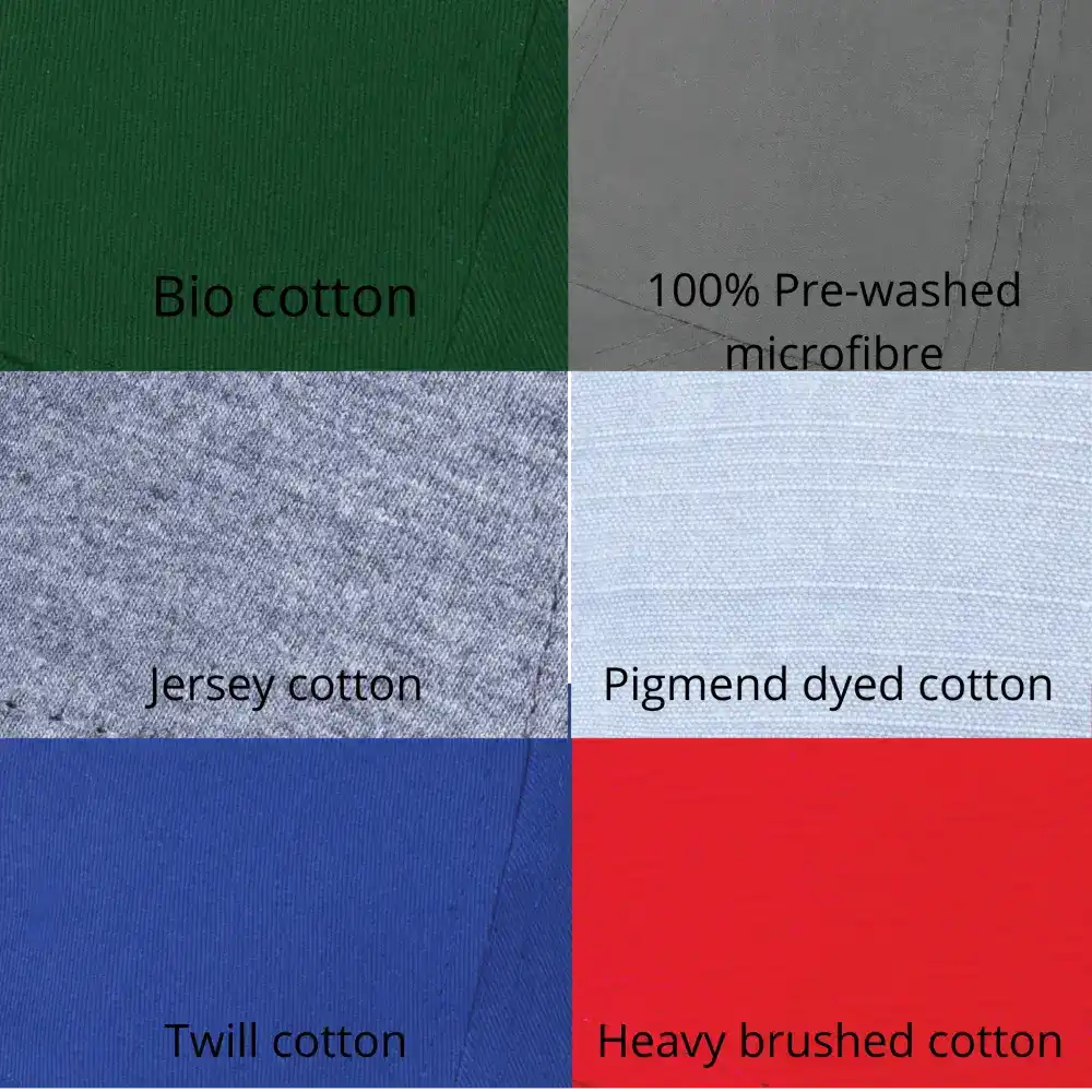 Esimerkkejä puuvilla-materiaaleista (twill) kustomoituihin snapbackeihin