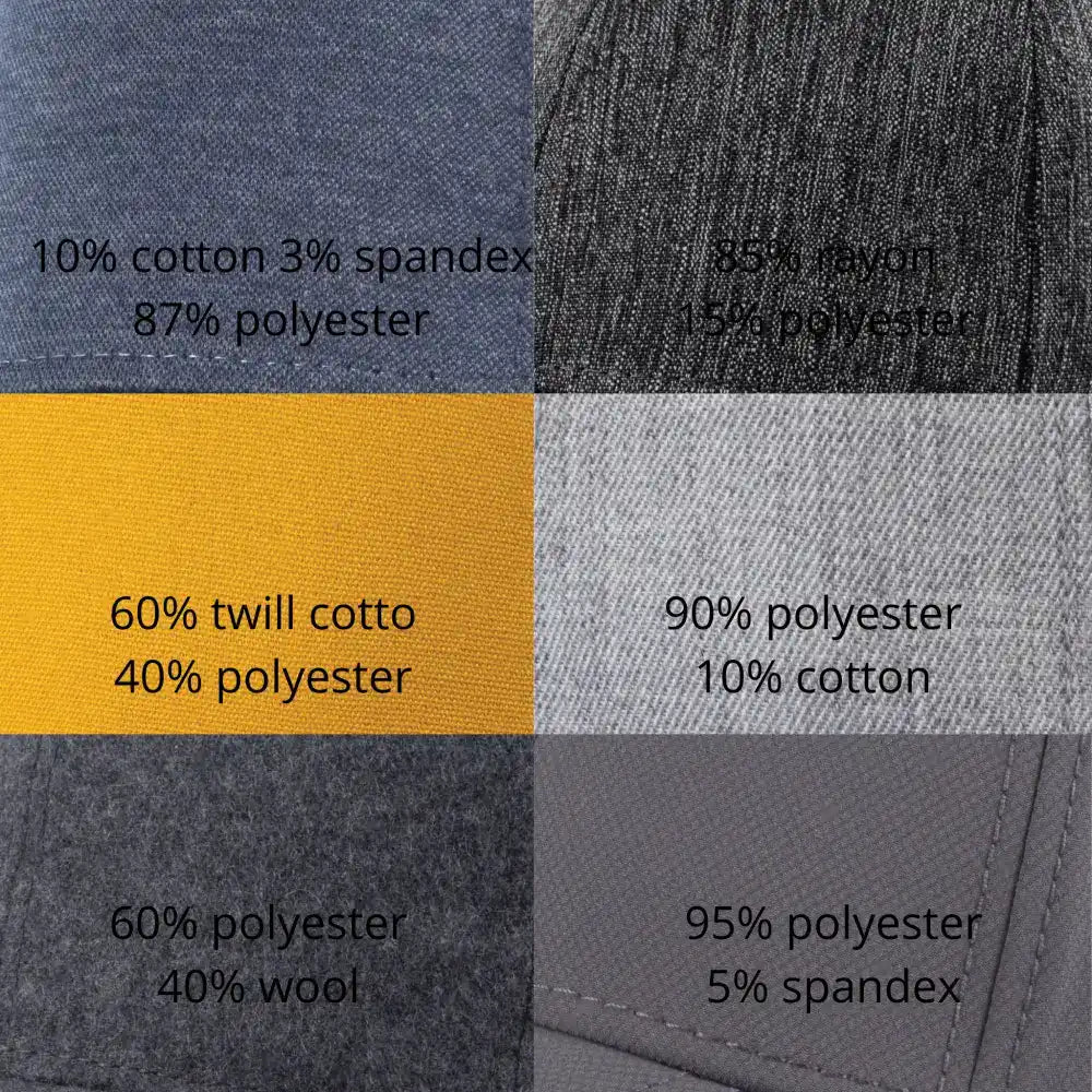 Esimerkkejä sekoitekangas-materiaaleista kustomoituihin snapbackeihin