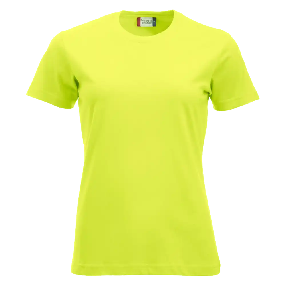 Huomiovihreä Clique New Classic-T Women – näkyvä ja vastuullinen työpaita omalla logolla
