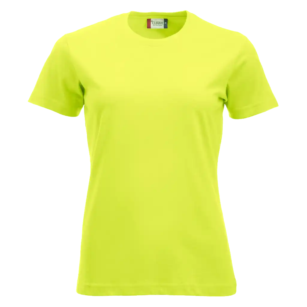 Huomiovihreä Clique New Classic-T Women – näkyvä ja vastuullinen työpaita omalla logolla