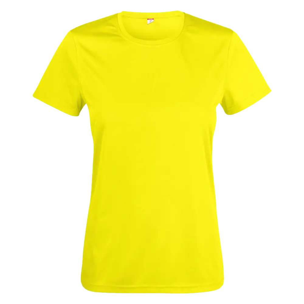 Huomio keltainen Clique Basic Active-T Women 029039 – naisten hi-vis t-paita työkäyttöön painettuna logolla