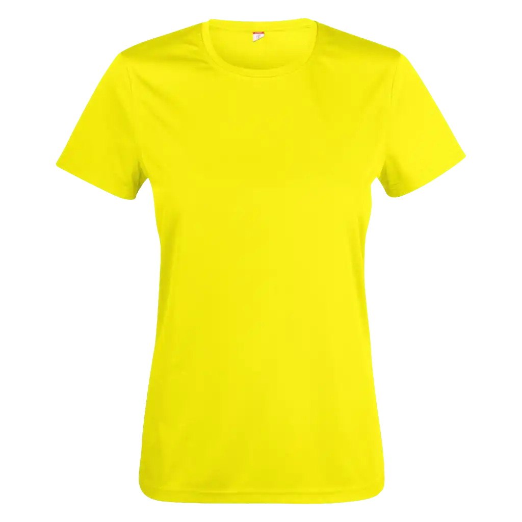 Huomio keltainen Clique Basic Active-T Women 029039 – naisten hi-vis t-paita työkäyttöön painettuna logolla
