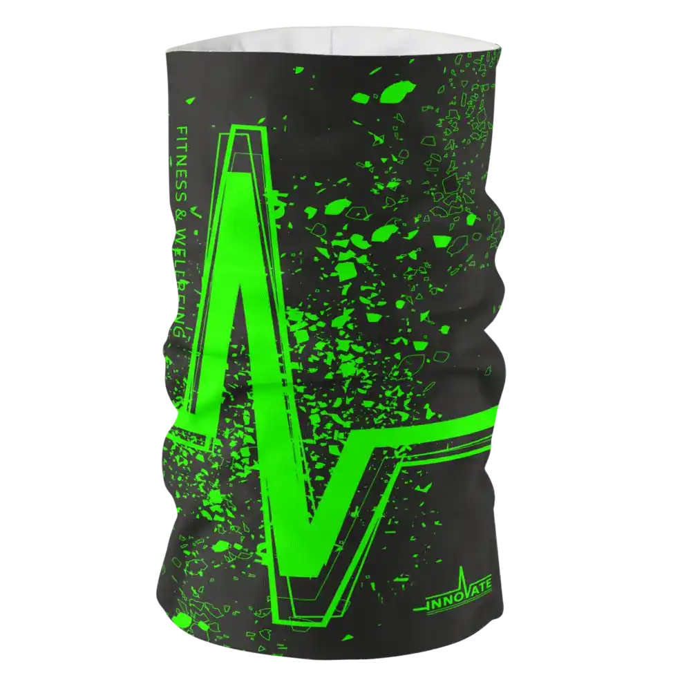 Asiakkaan logolla ja värikkäällä taustalla painettu Premium Light -polyesterituubihuivi.