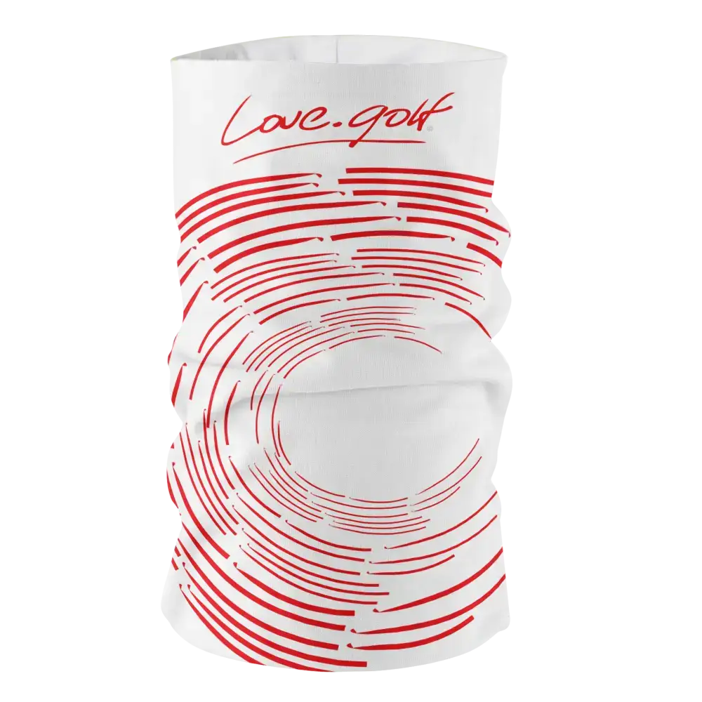 Esimerkki ZigiZagin Premium Light -tuubihuivista: vaalea pohja golf seuran omalla painatuksella.