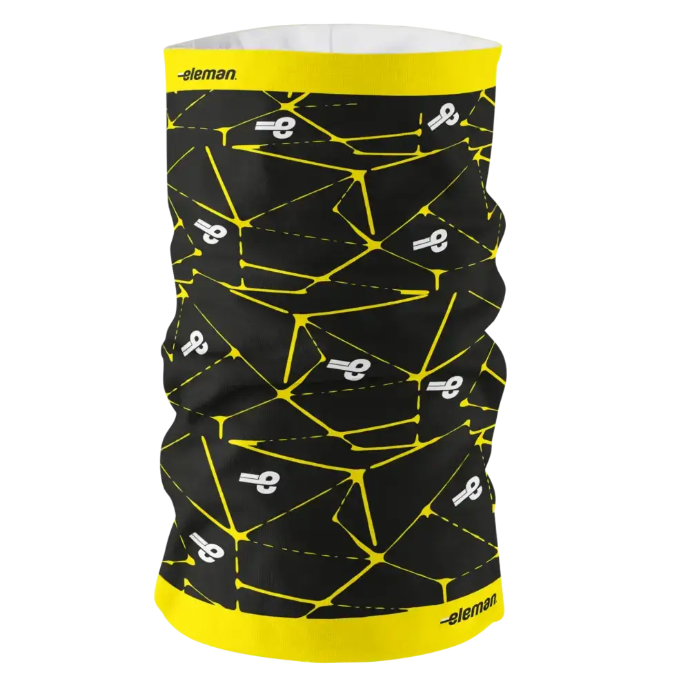 Premium Light tuubihuivi (140gsm) täysväripainatuksella: Esimerkki musta keltaisesta värikkäästä omasta designista.