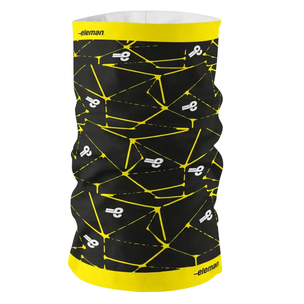 Premium Light tuubihuivi (140gsm) täysväripainatuksella: Esimerkki musta keltaisesta värikkäästä omasta designista.