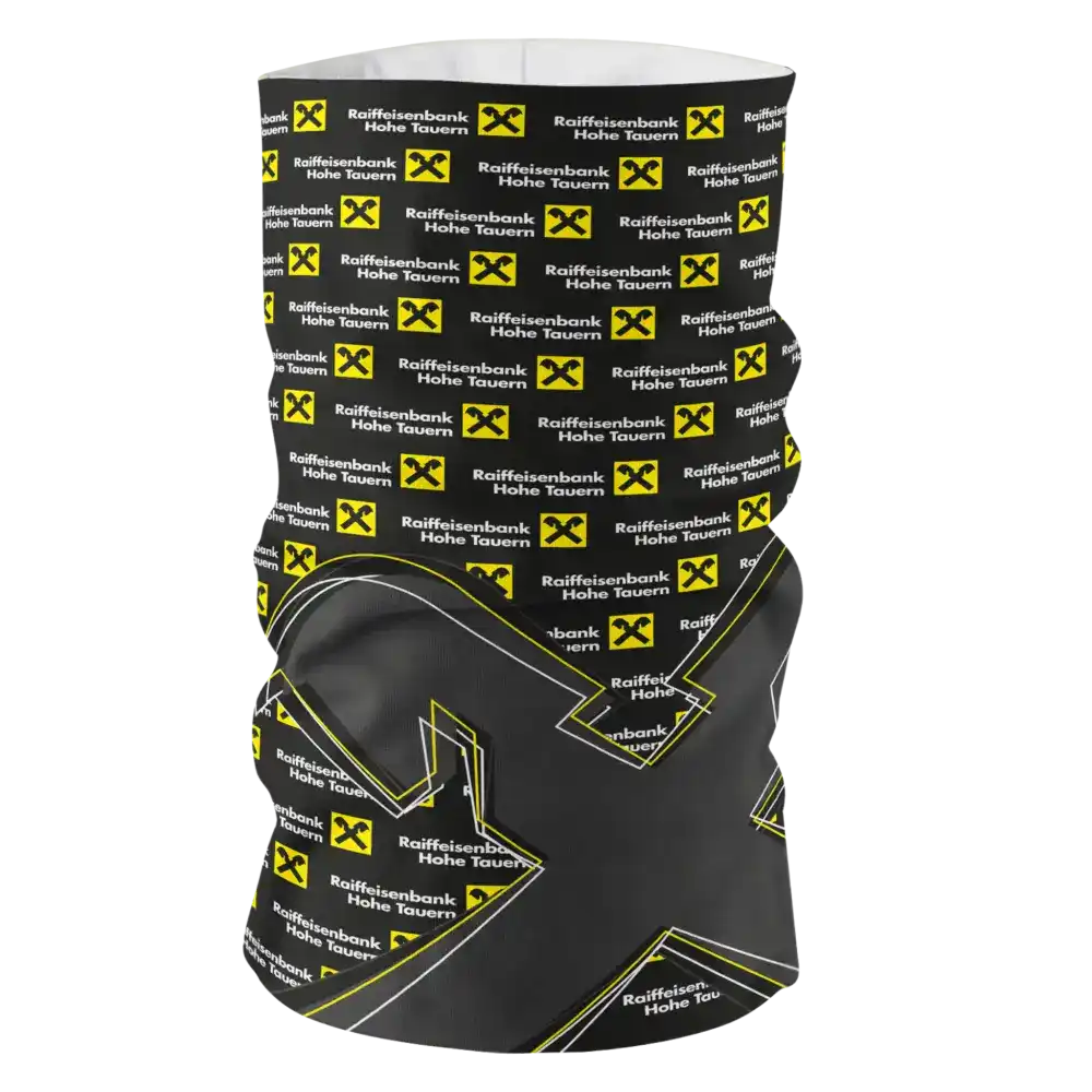 Esimerkki ZigiZagin Premium Light -tuubihuivista: yrityksen brändin mukaisella omalla painatuksella.