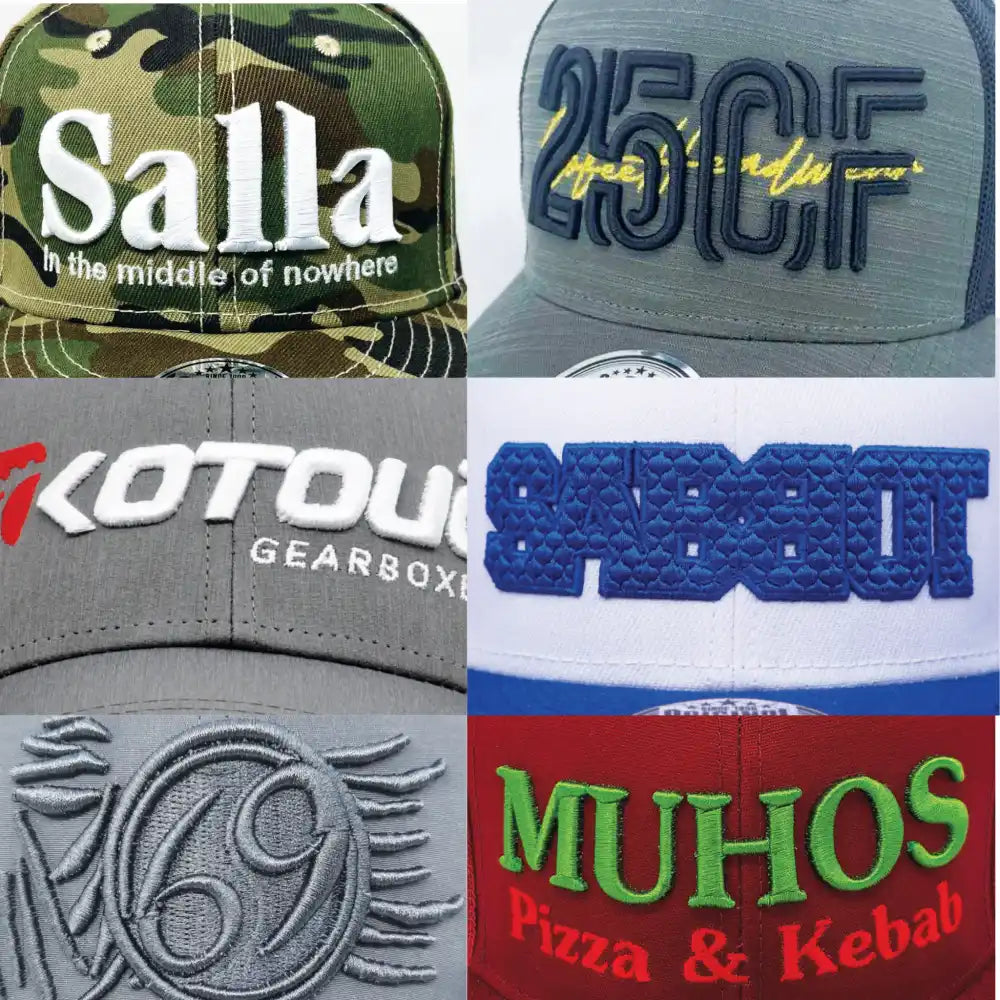 Lippis omalla logolla 3D brodeeraus malleja. Lähikuvassa 6 eri logo brodeerattua lippalakkia. Suunnittelun avuksi omaan lippikseen.