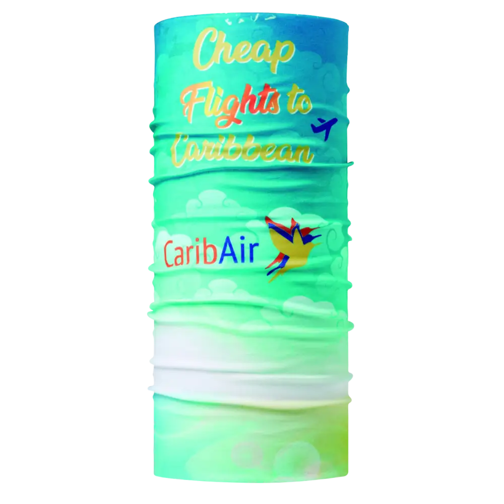 Joustava Lycra-tuubihuivi (UPF50+) vihreällä pohjalla ja värikkäällä omalla designilla.