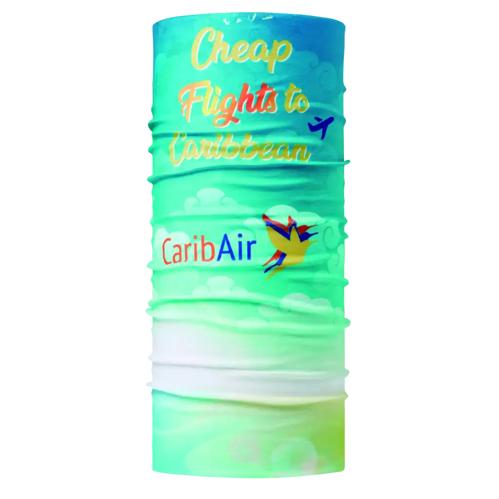 Joustava Lycra-tuubihuivi (UPF50+) vihreällä pohjalla ja värikkäällä omalla designilla.