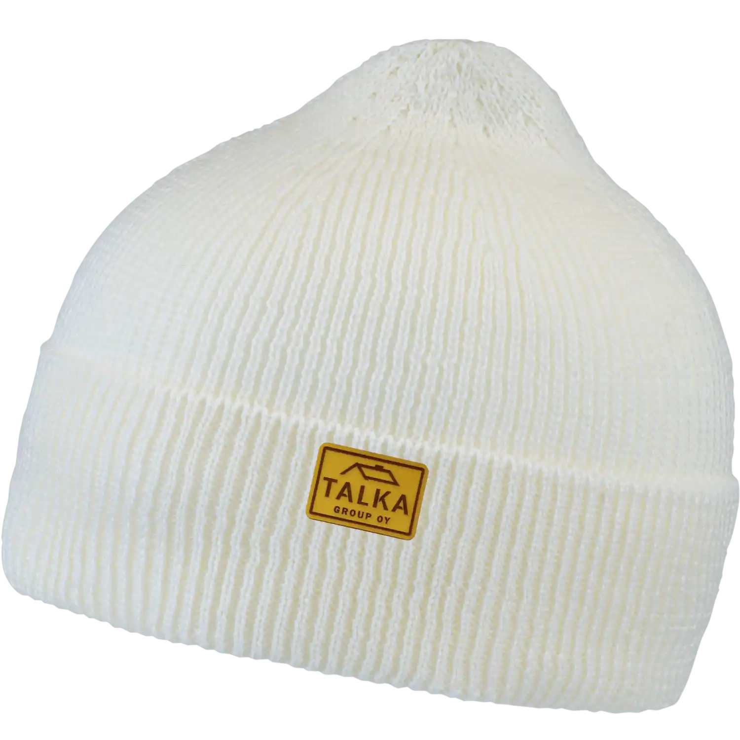 Kuru luonnonvalkoinen 100% Merinovillapipo omalla logolla - Ruskealla nahkamerkillä toteutettu oma logo.