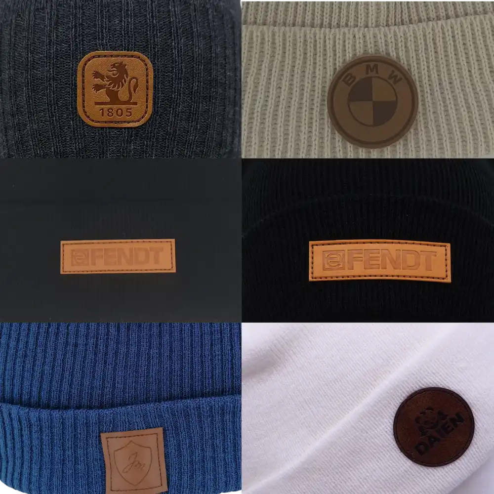 Merinovilla pipo yrityksen logolla - Valittavissa 4 vÀriÀ varastossa mainospipoon - Leather badge malleja -ZigiZagi