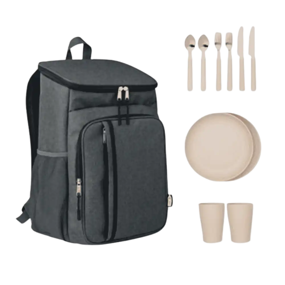 Musta MONTECOOL piknik-kylmĂ€laukku ja ruokailuvĂ€lineet â tĂ€ydellinen yrityslahjasetti