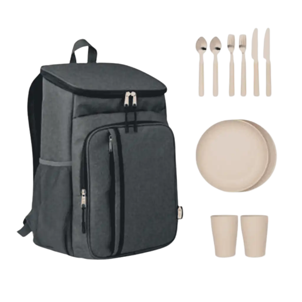 Musta MONTECOOL piknik-kylmälaukku ja ruokailuvälineet – täydellinen yrityslahjasetti