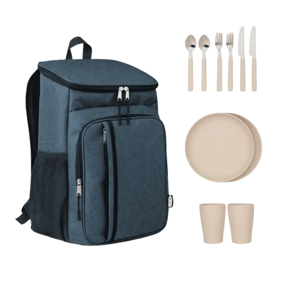 Sininen MONTECOOL piknik-kylmÀlaukku ja sen mukana tulevat ruokailuvÀlineet kahdelle