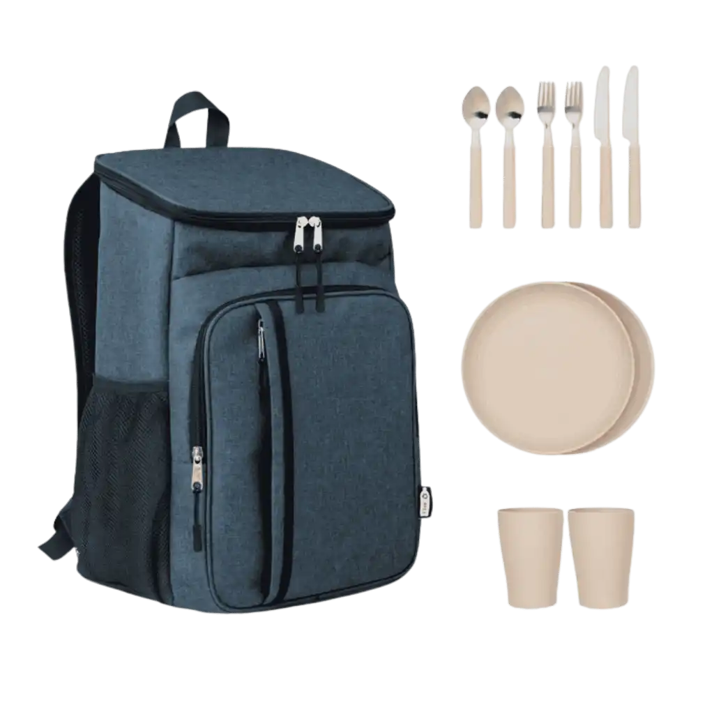 Sininen MONTECOOL piknik-kylmälaukku ja sen mukana tulevat ruokailuvälineet kahdelle