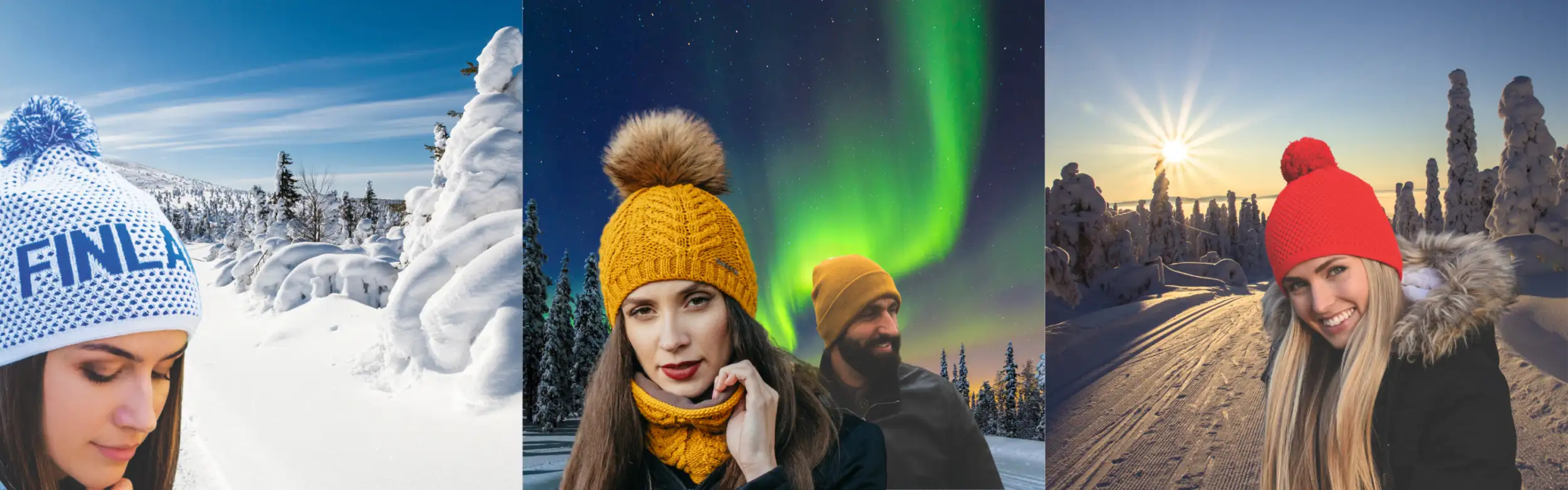 Kauden 25/26 päähineet ennakkotilaus. Kolme kuvaa yhdistetty missä miehiä ja naisia pipot päässä kauniissa maisemassa.