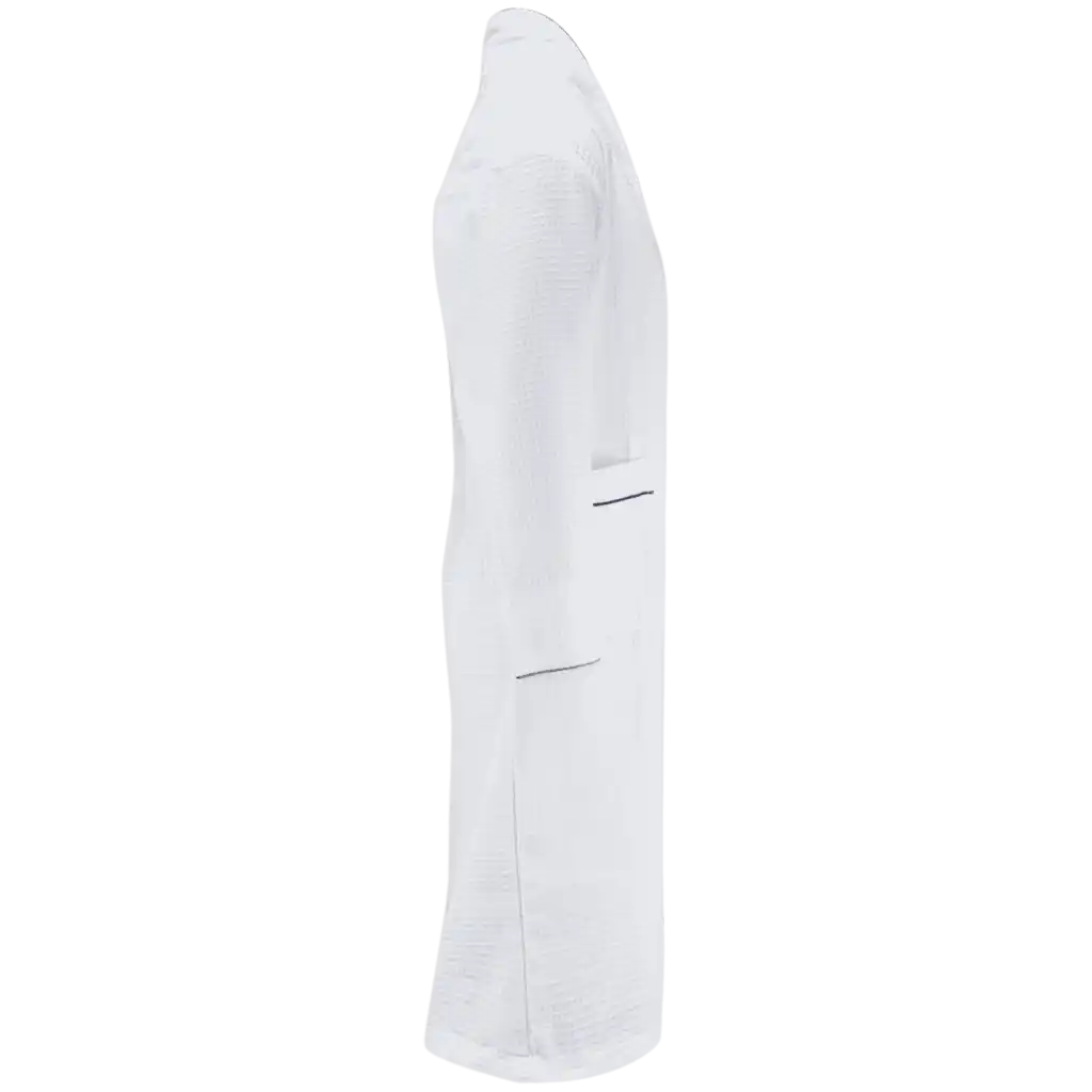 Queen Anne vohvelikylpytakki (valkoinen) sivusta kuvattuna, näkyvissä kankaan rakenne