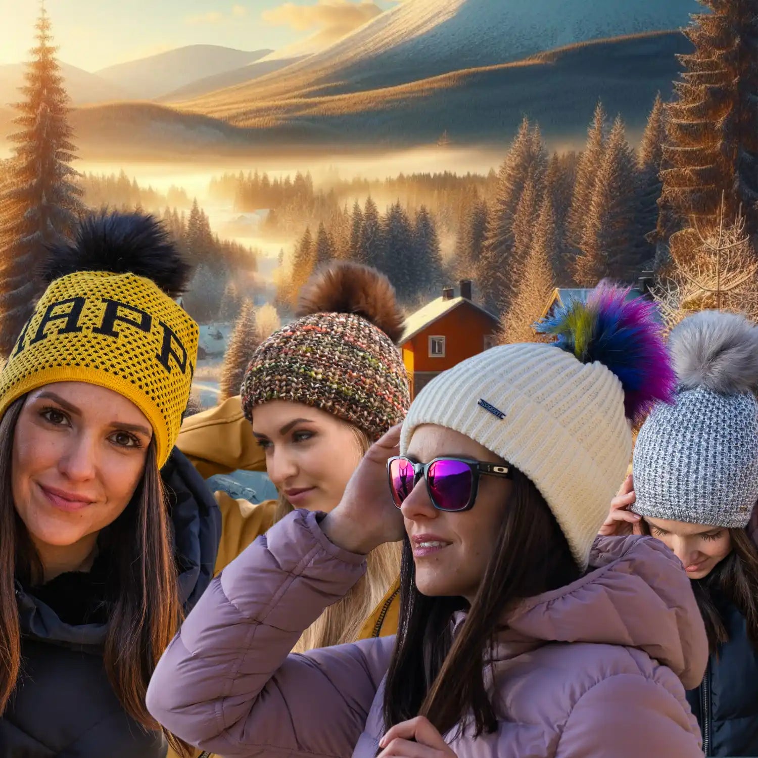 RyhmÀ ystÀviÀ, jotka pukeutuvat talvilakkeihin ja takkeihin, nauttimassa ulkona talvisesta maisemasta.