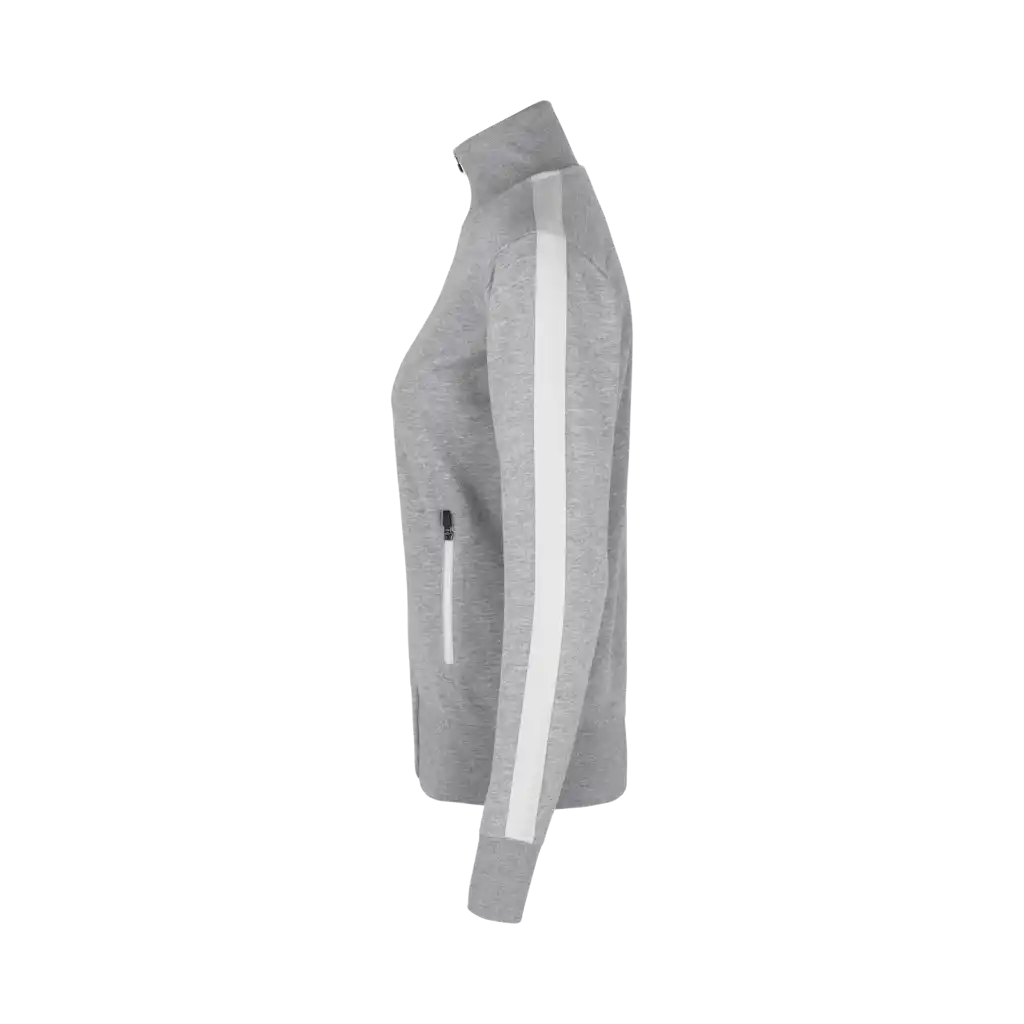 Grey melange naisten collegetakki omalla logolla – sivulta